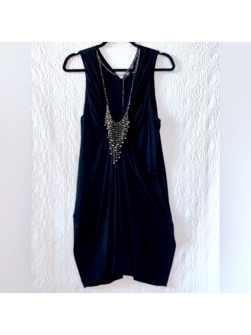UMGEE USA Sleeveless Deep Scoop Neck Gathered Front Chain Detail Ruched Dress
